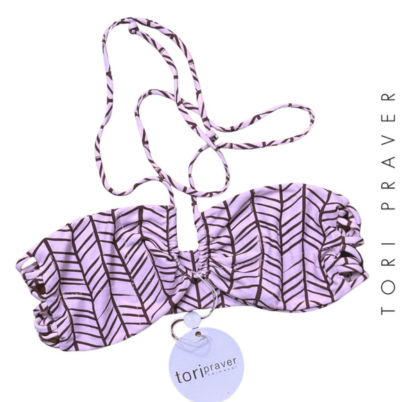 Tori Praver NWT Halter Tie Bandeau Pink Brown Swim Top Small - Picture 1 of 9